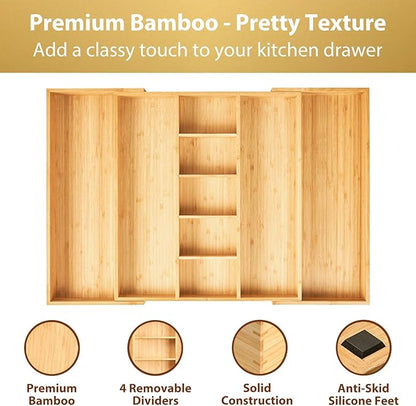 Umilife Extra Large Expandable Kitchen Drawer Organizer for Utensil and Junk, 19" Deep for Big Drawer, 17" to 28" Adjustable Bamboo Wood Drawer Divider, Cutlery Tray, Flatware Holder - Image 3