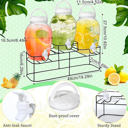 Tanlade 3 Pcs Plastic Drink Dispenser with Spigot and Metal Stand 1.2 Gallon Beverage Dispenser for Parties Juice Dispensers Lemonade Jar with Lids for Cold Drink Tea Water Container