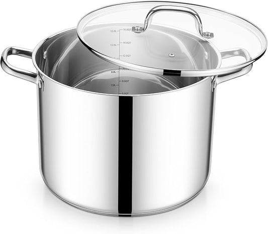 E-far 16 Quart Stainless Steel Stock Pot, Large Heavy Duty Induction Stockpot with Glass Lid for Cooking Soup Canning, Thick Tri-Ply Bottom & Riveted Handle, Compatible with All Stove, Dishwasher Safe by E-far