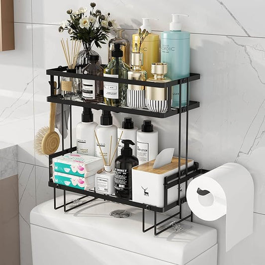 Godboat Bathroom Organizers, 2-Tier Over Toilet Storage, Floating Shelves with 2 Hooks & Paper Holder, Wall Mounted Shelf Furniture, Cool Accessories & Decor, Gifts for Women, Mothers Day (Black)