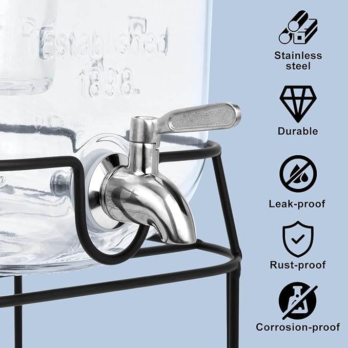2 Gallon Glass Drink Dispensers For Parties,Beverage Dispensers With Stand And 100% Leakproof Stainless Steel Spigot.Glass Water Jug Dispenser,Lemonade Dispenser,Mason Jar. - Image 3