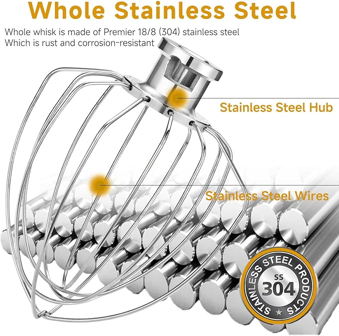 K45WW Whisk Attachment for 4.5 5 QT KitchenAid Tilt-Head Stand Mixer, 6 Wire Whip Compatible with Kitchen Aid accessories，Holeless Hub Design, 30% Faster Mixing, Dishwasher Safe