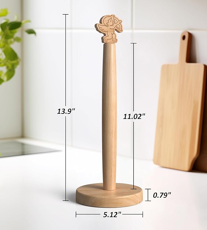 KitchLife Cute Wooden Paper Towel Holder Countertop - Solid Freestanding Paper Towel Dispenser Stand Organizer with Anti-Skid Base (Cupid) - Image 2
