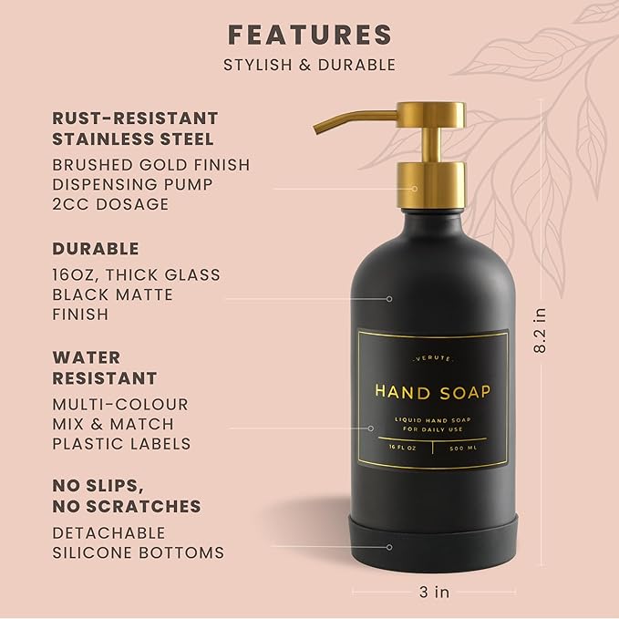 Hand and Dish Soap Dispenser for Kitchen and Bathroom, Set of 2 16 Oz Glass Bottles, Stainless Steel Pumps, Non-Slip Silicone Base, 27 Waterproof Labels (Matte Black Bottle/Brushed Gold Pump) - Image 6