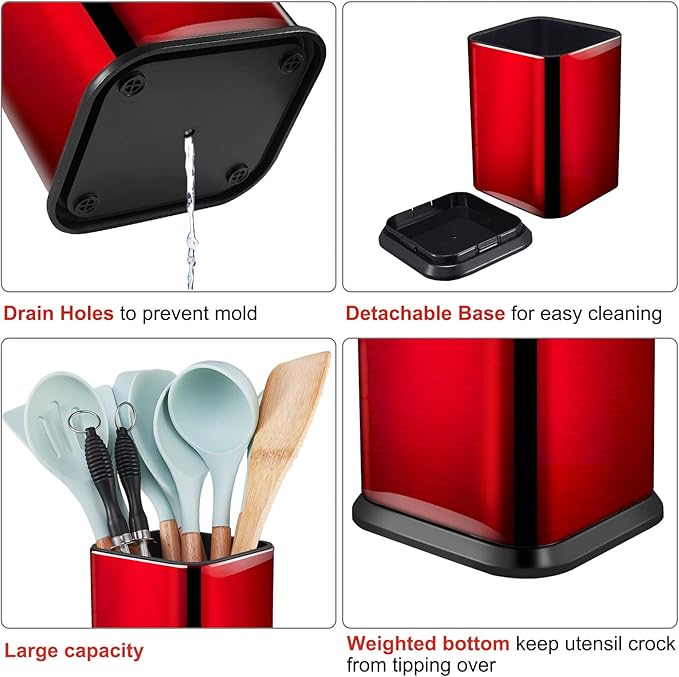 RedCall Stainless Steel Kitchen Utensil Holder for Countertop, Spoon Spatula Organizer,Modern Rectangular Large Cooking Utensil Caddy Counter,Utensil Crock (Stainless Steel Red) - Image 4