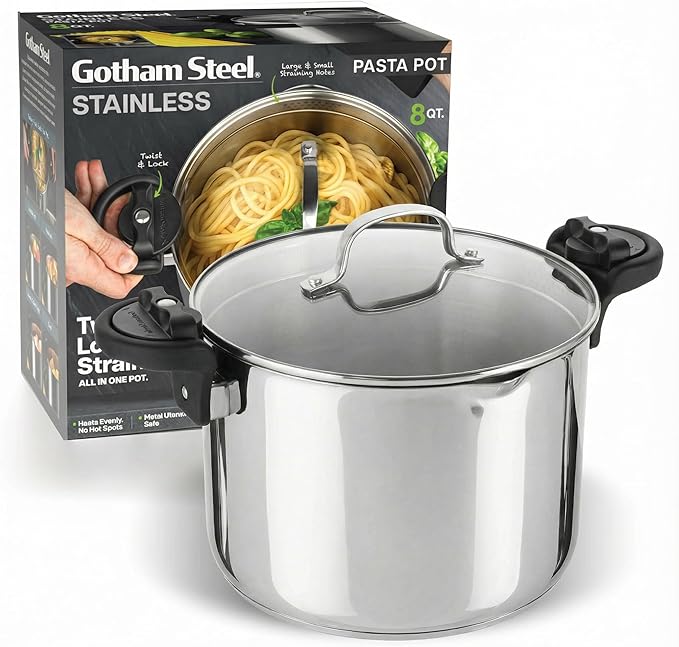 GOTHAM STEEL 8 Qt Nonstick Pasta Pot with Strainer Lid, Stainless Steel Stock Pot, Twist & Lock Handles, 2 Strainer Sizes, PFOA Free, for Soup & Spaghetti, Induction Ready, Oven & Dishwasher Safe - Image 9