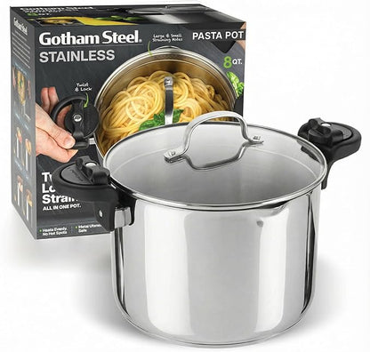 GOTHAM STEEL 8 Qt Nonstick Pasta Pot with Strainer Lid, Stainless Steel Stock Pot, Twist & Lock Handles, 2 Strainer Sizes, PFOA Free, for Soup & Spaghetti, Induction Ready, Oven & Dishwasher Safe - Image 9