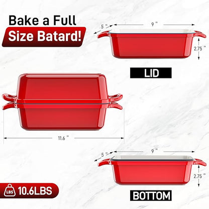 Enameled Cast Iron Dutch Oven for Sourdough Bread Baking, 8.5 x 4.5Inch Oval Cast Iron Bread Pan with Lid, 2PCS Dutch Oven for Homemade Sourdough Baking, Meatloaf Pan, Oven Safe, Red