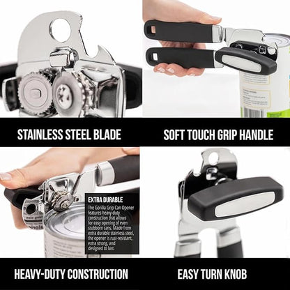 Can Opener Manual for Seniors Heavy Duty, Commercial Cans & Bottles Opener for Big Cans, Easy and Safety Can Opener for Kitchen and Camping, Built-In Magnet Lid Lifter, Black