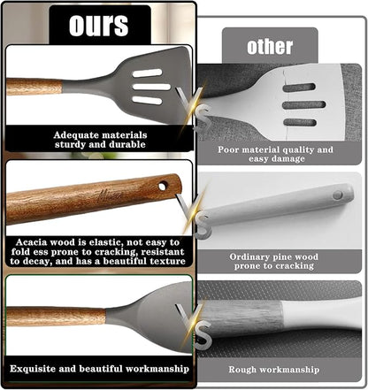 Kitchen Utensils Set, Silicone Cooking Utensils Set,Non-Stick Silicone Spatula Set with Natural Acacia Hard Wood Handle, 5 Piece, Upgraded Thickened Cookware - Image 3