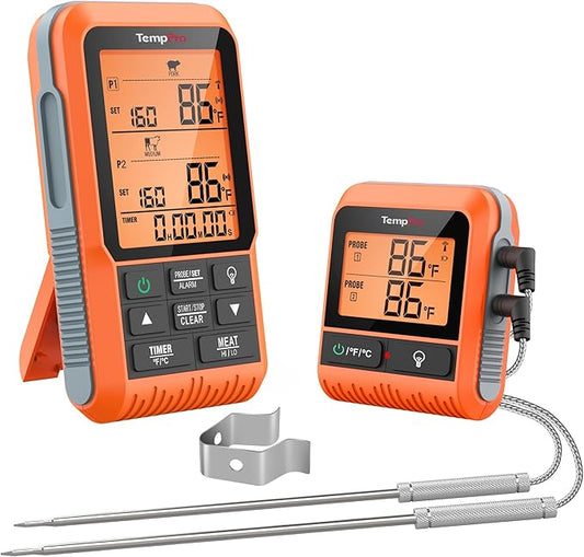 TempPro TP826 500FT Wireless Meat Thermometer, Dual Meat Probe Cooking Thermometer with HI/Low Alert, Food Grill Temperautre Probe for BBQ, Smoker, Oven, Grilling Gift (Previously ThermoPro) by TempPro