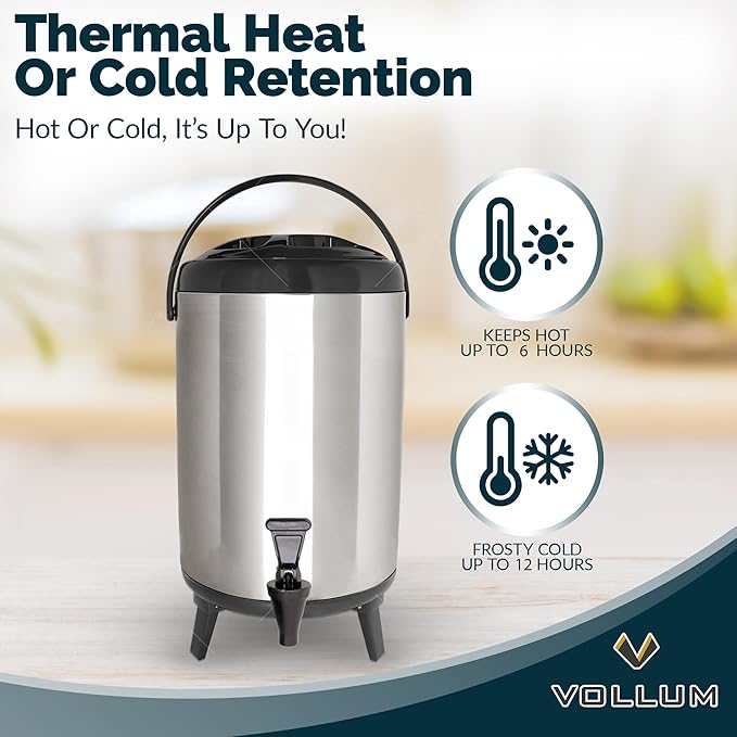 Vollum Stainless Steel Insulated Beverage Dispenser – Insulated Thermal Hot and Cold Coffee Carafe – 8 Liter Drink Dispenser with Spigot for Hot Water, Tea & Coffee, Cold Milk, Juice & More BLACK