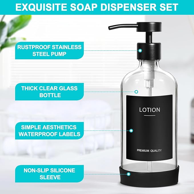 RYTOXILO Clear Soap Dispenser 2 Pack, Glass Soap Dispenser with Stainless Steel Pump, 16.9 Fl oz Refillable Kitchen Hand and Dish Soap Dispensers Set, Modern Clear Soap Lotion Dispensers Bottle - Image 3