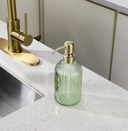 16Oz Green Glass Soap Dispenser with Rust Proof Stainless Steel Pump, Green Stripe Bathroom Hand Dish Lotion Dispensers with Brushed Gold Pump,Brushed Gold Glass Soap Dispenser
