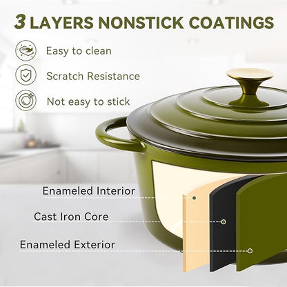 Miereirl 4.5 Quart Enameled Dutch Oven Pot with Lid, Cast Iron Dutch Oven with Dual Handles for Bread Baking, Cooking, Non-stick Enamel Coated Cookware, Golden Green - Image 5