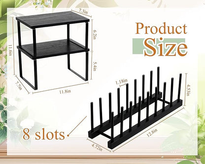 Marsui 4 Pcs Kitchen Organizer Accessories Set Cabinet Organizer Shelf and Bamboo Dish Drying Plate Rack Counter Shelves Storage Holder for Spice Rack, Dish, Pot Lid, Bowl, Cup (Black) - Image 2