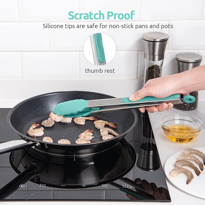 600ºF Heat Resistant Kitchen Tongs: U-Taste 12 in Large Silicone Cooking Tong with Sturdy Non Stick Rubber Tips & Silicon Coated 18/8 Stainless Steel Handle & Smooth Locking for Serving Grill-Aqua Sky - Image 9