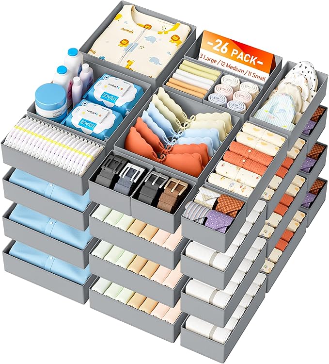 DIMJ Drawer Organizer Clothes 26 Pack - Foldable Baby Organizers and Storage & Closet Organizers for Bedroom, Closet - Nursery Organization Dresser Dividers for underwear, Sock,Bra, Belt, Tie,Gray by DiMJ
