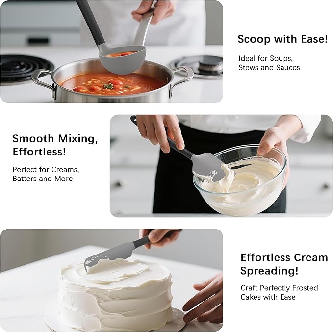 Coukre Silicone Kitchen Cooking Utensils Set with Holder – Heat-Resistant, Food-Grade Kitchen Tools, Spatula, Spoon & Gadgets for Non-Stick Pans, Dishwasher Safe (14, Gray) - Image 4
