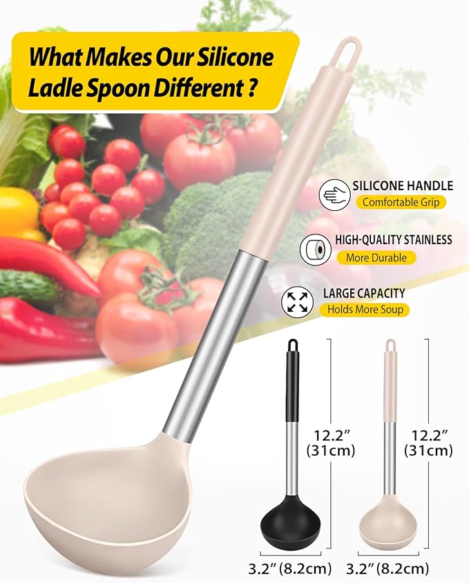 Pack of 2 Ladle Spoon,Silicone Large Spoon for Soup,Non Stick Kitchen Utensils with High Heat Resistant,BPA Free Perfect Kitchen Tools for Cooking, Stirring,Serving Soups (BLACK-KHAKI) - Image 2