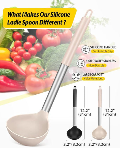 Pack of 2 Ladle Spoon,Silicone Large Spoon for Soup,Non Stick Kitchen Utensils with High Heat Resistant,BPA Free Perfect Kitchen Tools for Cooking, Stirring,Serving Soups (BLACK-KHAKI) - Image 2
