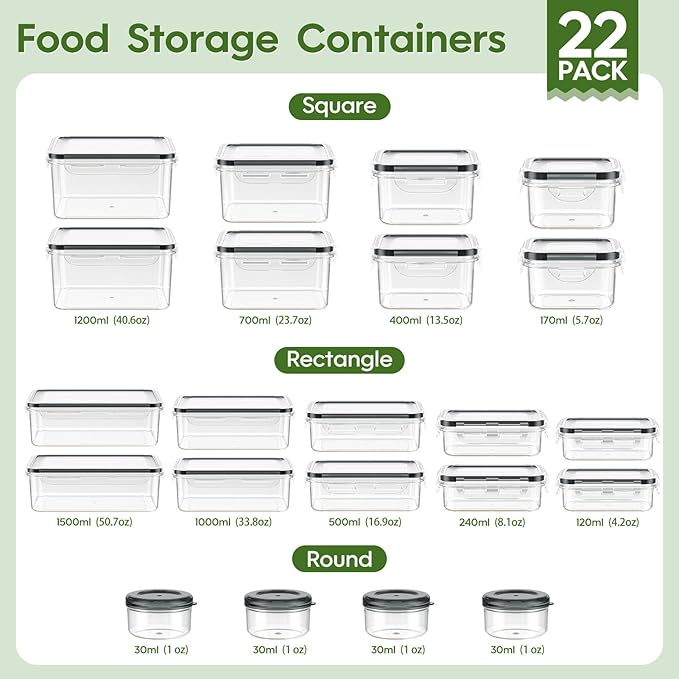 KEMETHY 44-Piece Food Storage Containers with Lids(22 Containers & 22 Lids), Plastic Food Containers for Pantry & Kitchen Storage and Organization, BPA-Free, Leak Proof, Reusable with Labels & Pen - Image 2