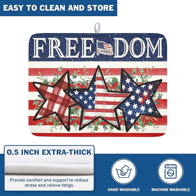 4th of July Dish Drying Mat 24x18 Inch, Patriotic Drying Mat with Absorbent Reversible Microfiber, Independence Day Dish Drainer Mats Memorial Day Rack Pad for Coffee Countertop Kitchen Protector
