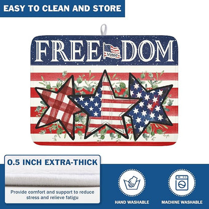 4th of July Dish Drying Mat 24x18 Inch, Patriotic Drying Mat with Absorbent Reversible Microfiber, Independence Day Dish Drainer Mats Memorial Day Rack Pad for Coffee Countertop Kitchen Protector