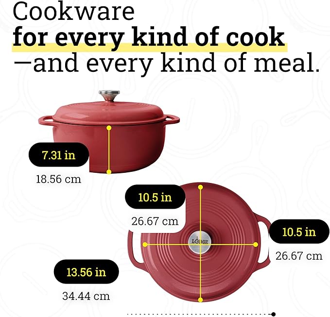 Lodge Essential Enamel Cast Iron Dutch Oven - Perfect for Bread Baking, Braising, Marinating & Slow Cooking - Features Moisture-Sealing Lid & Dual Handles - Kitchen Essentials - 6 Quarts - Cranberry - Image 5