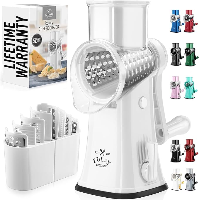 Zulay Kitchen Rotary Cheese Grater 5 Blade Cheese Shredder - Manual Hand Crank Cheese Grater With Reinforced Suction & 5 Interchangeable Drums - Easy to Use, Vegetable Chopper Round Mandoline Slicer by ZulayKitchen