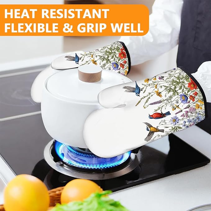 Wildflowers Birds Oven Mitts and Pot Holders Sets 4Pcs,Extra Long Oven Gloves Potholder for Kitchen Cooking Baking BBQ 100% Cotton Heat Resistant - Image 6