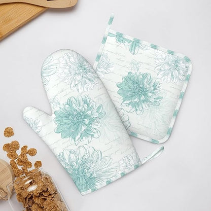 Oven Mitts and Pot Holders Dahlia Flower Pastel Vintage Silicone Kitchen Accessories Set of 4 Heat Resistant Long Gloves Potholder Non-Slip Grip for Chef Cooking Baking Grilling BBQ