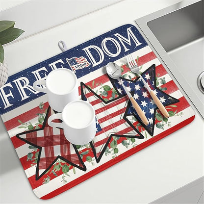 4th of July Dish Drying Mat 24x18 Inch, Patriotic Drying Mat with Absorbent Reversible Microfiber, Independence Day Dish Drainer Mats Memorial Day Rack Pad for Coffee Countertop Kitchen Protector
