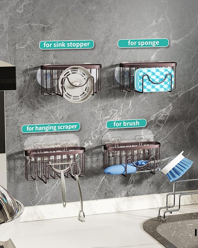 HapiRm Multifunctional Sponge Holder for Kitchen Sink with Unique M-Shaped, 2 Installation Methods Sink Caddy, Stainless Steel Kitchen Organizer for Sponge, Brush, Sink Stopper and Scraper -Bronze - Image 2