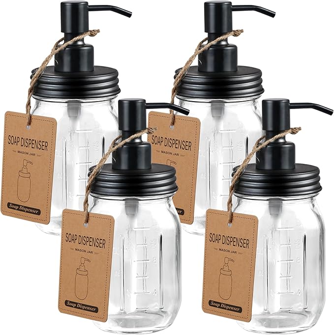 Amolliar 4 Pack Mason Jar Liquid Soap Dispensers, Rustproof Stainless Steel Lid Pump, Waterproof Sticker, Refillable Hand Soap for Bathroom, Kitchen, Dish Soap, Lotion Soap, Farmhouse Decor(Black) by Amolliar