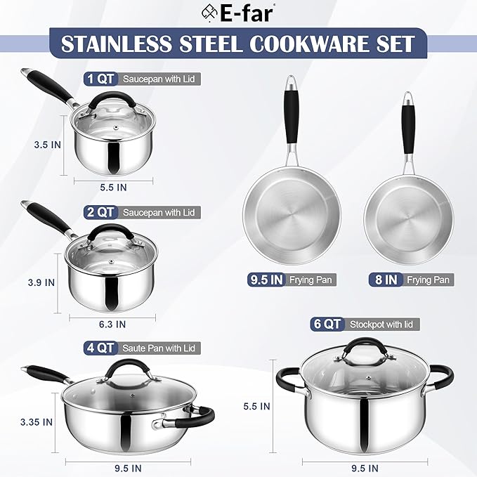 E-far 10-Piece Stainless Steel Cookware Set - Induction Tri-Ply Base Pots and Pans, Non-Toxic Kitchen Cooking Set w/Stay-Cool Handle, Frying Pans, Saucepans, Stockpot with lid, Oven & Dishwasher Safe