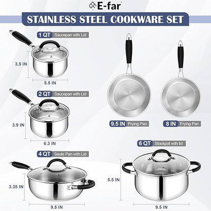 E-far 10-Piece Stainless Steel Cookware Set - Induction Tri-Ply Base Pots and Pans, Non-Toxic Kitchen Cooking Set w/Stay-Cool Handle, Frying Pans, Saucepans, Stockpot with lid, Oven & Dishwasher Safe