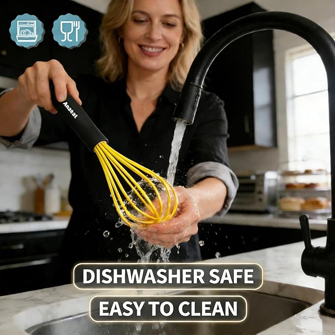 Anaeat Silicone Whisk, Thick Stainless Steel Wire Inner Heat Resistant - Kitchen Whisks for Non-Stick Cookware, Balloon Egg Beater for Whisking, Blending, Beating, Frothing & Stirring (Yellow) - Image 8