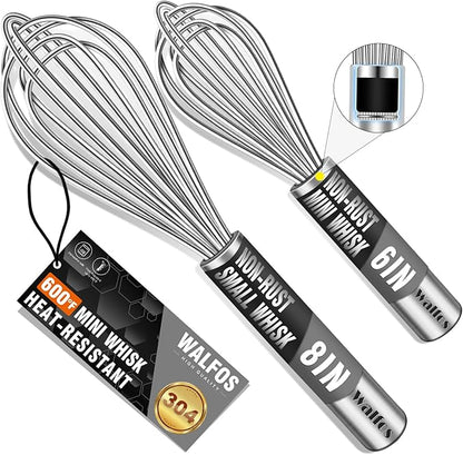 Walfos Mini Whisk,6+8 in Small Whisk,304 Stainless steel Whisks Heat Resistant 600°F,Nice for mixing salad dressings or beating an egg.Tiny whisk size great for narrow and shallow vessels.Silver by Walfos