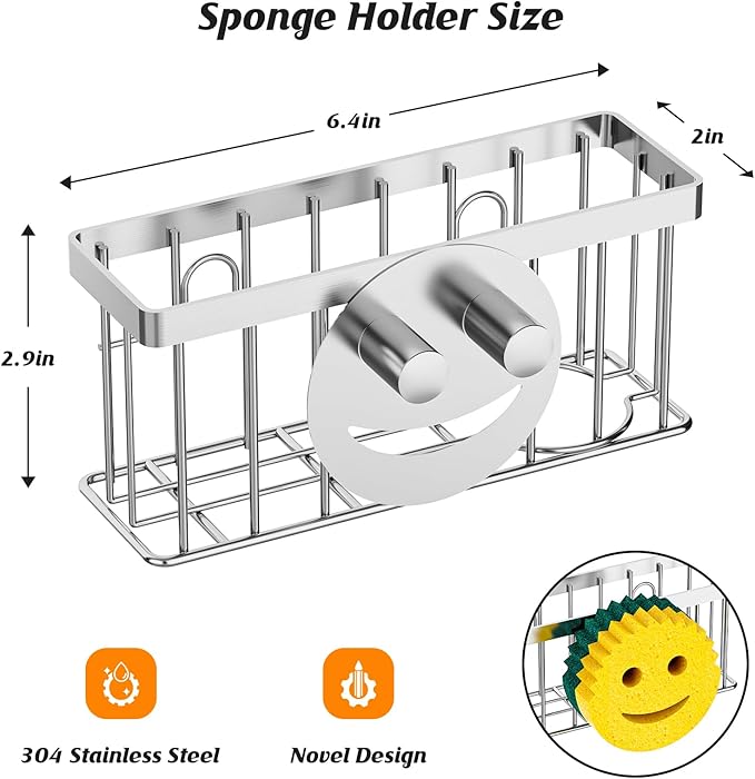 MURLONG Sponge Holder Smiley Face,Sink Caddy for kitchen Sink,Sponge Holder with 2 PCS Suction Cups/1 PCS Adhesive Strips,Designed for Sponge,Soap,Dish brush,Scrubber-Silver - Image 3