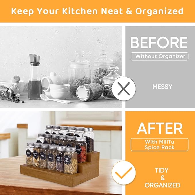 Bamboo Spice Rack Organizer for Cabinet 2 Pack - 3 Tier Countertop Step Shelf, Seasoning Storage Stand for Kitchen Pantry, Spice Holder for Jars Bottles Cans (Brown) - Image 2