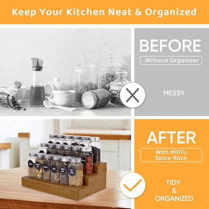 Bamboo Spice Rack Organizer for Cabinet 2 Pack - 3 Tier Countertop Step Shelf, Seasoning Storage Stand for Kitchen Pantry, Spice Holder for Jars Bottles Cans (Brown) - Image 2