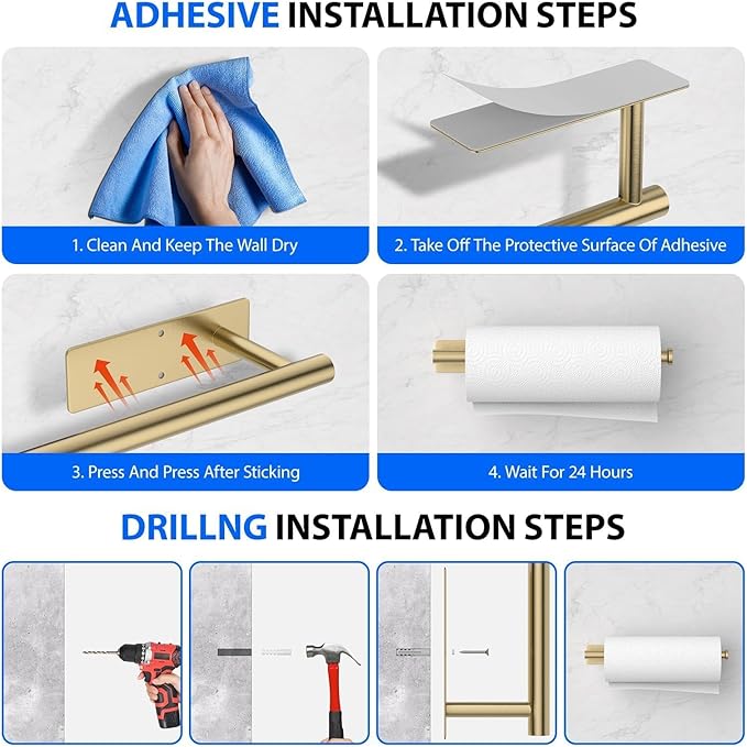 Paper Towel Holder Under Cabinet, Self-Adhesive,No Drilling, Stainless Steel, Wall-Mounted for Kitchen and Bathroom, Easy Install, Durable, Space-Saving, Ideal for Home, RV (Gold, 2 Pack) - Image 6