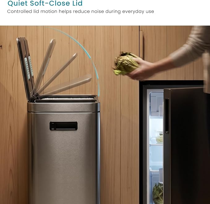 Home Zone Living 16 Gallon Kitchen Trash Can with Dual Compartments for Recycling, CleanAura Odor Control, Stainless Steel, Silver, 60 Liters Total