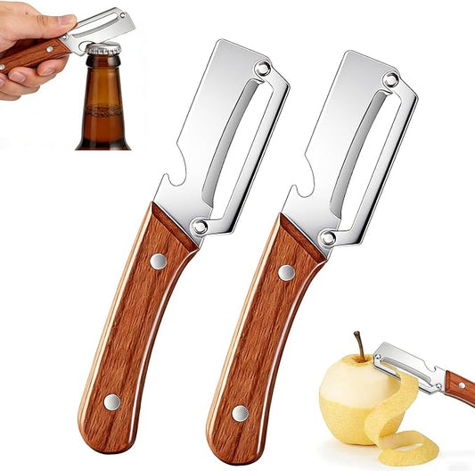 2 PCS Multi-Functional Vegetable Peeler for Kitchen, 2 in 1 Stainless Steel Vegetable Peeler with Wooden Handle and Bottle Opener, Kitchen Tool for Vegetables or Fruits that Need to Be Peeled by VOYOCUGE