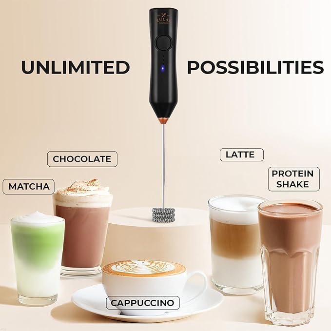 Zulay Kitchen Rechargeable Milk Frother - Dynamic - 3 Speeds, 3 Whisk Attachments, 500 mAh USB Charging, Drink Mixer For Latte, Cappuccino, Matcha, Protein Powder, Coffee Foam - Black Copper - Image 6