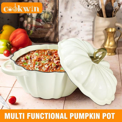 Pumpkin Cast Iron Dutch Oven with Lid, 4.5QT Heavy-Duty Enameled Pot with Dual Handles, Serves 3-5, Oven Safe for Bread Baking, Braising, Cooking and Family Gifts, White
