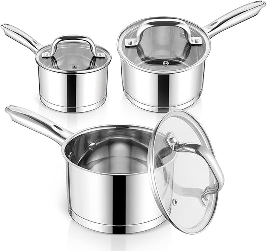 E-far Stainless Steel Saucepan with Lid Set - 1QT & 2QT &3QT, Triply Sauce Pan Induction Pot for Cooking, Boiling, Compatible with All Stoves, Visible Lid, Healthy & Non Toxic, Oven & Dishwasher Safe by E-far