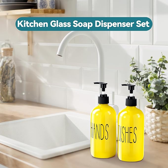 COHOSEGE Glass Soap Dispenser Set 2 Pack,16 Oz Dish Soap Dispenser for Kitchen Sink,Lemon Kitchen Decor and Accessories,Yellow Decorations and Kitchen Utensils for Kitchen - Image 2