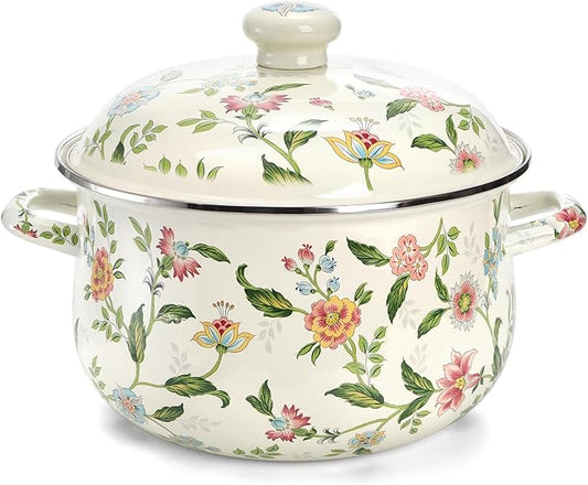 Jucoan 5 Quart Enamel Stockpot with Lid, Green Floral Enamelware Cooking Pot with Dual Handles for Stovetop, Large Soup Pot Potpourri Simmer Pot Gift for Housewarming Bridal Shower Mother's Day by Jucoan